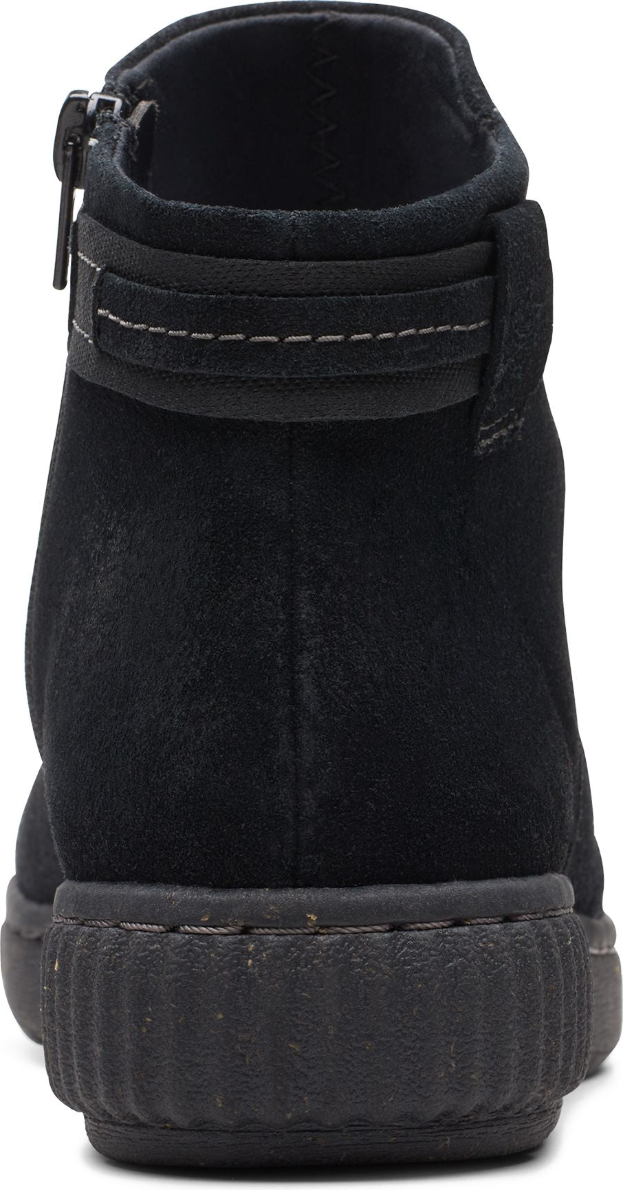 Back view of a black suede ankle boot with a side zipper and low, treaded sole.
