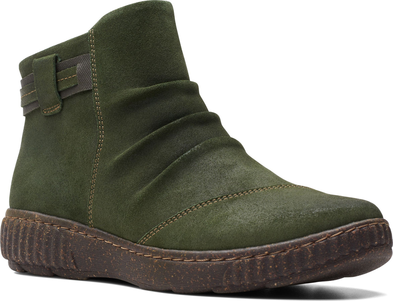 Ankle-high olive green boot with a ridged, brown sole and a buckled strap.