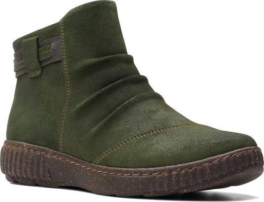 Ankle-high olive green boot with a ridged, brown sole and a buckled strap.