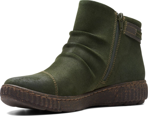 Olive green ankle boot with zipper and low, ridged sole.