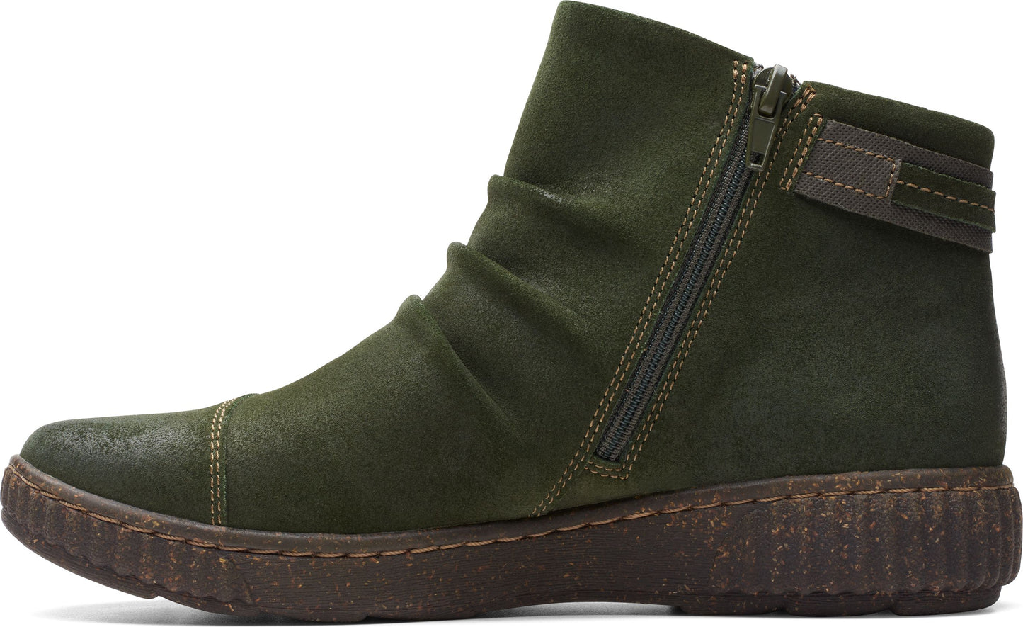 Olive green ankle boot with side zipper and decorative strap.