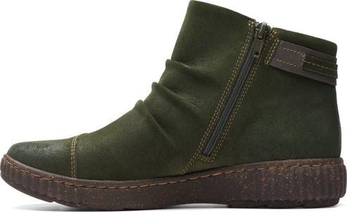 Olive green ankle boot with side zipper and decorative strap.