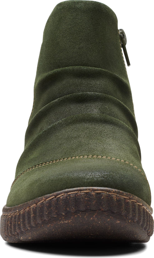 Front view of a green, ankle-high bootie with ruching and a side zipper.
