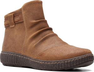 Tan ankle boot with side buckle and a ridged sole.