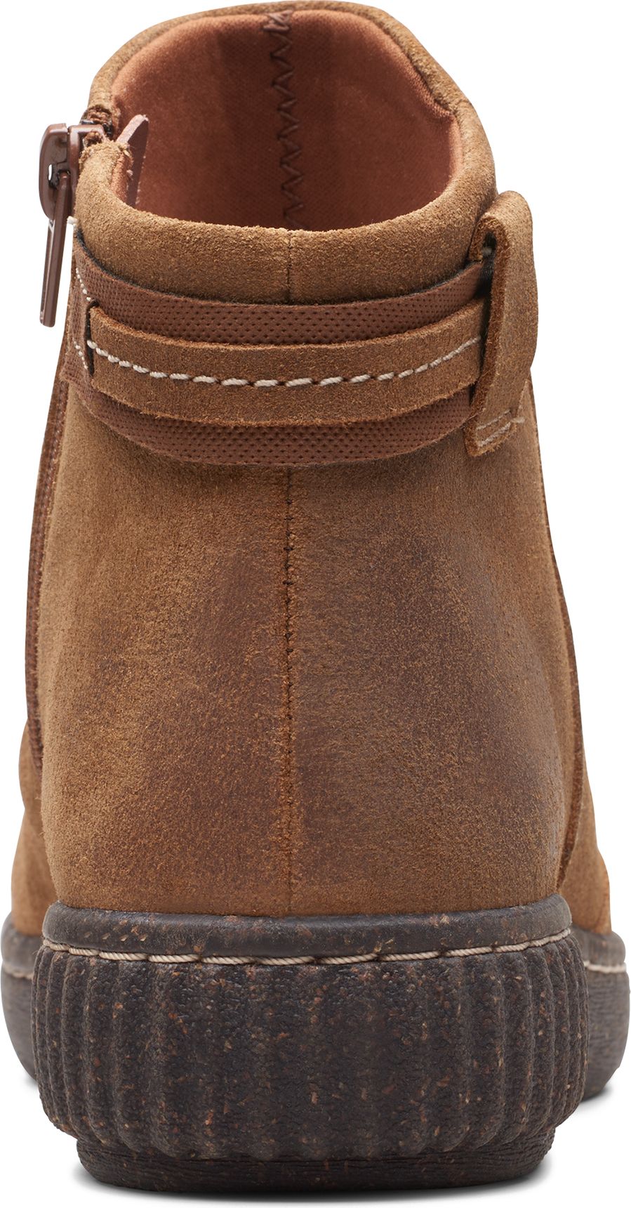 Back view of a light brown suede ankle boot with a dark brown sole, side zipper, and an ankle strap.