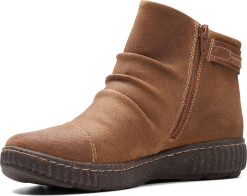 Brown suede ankle boot with side zipper and low, ridged sole.