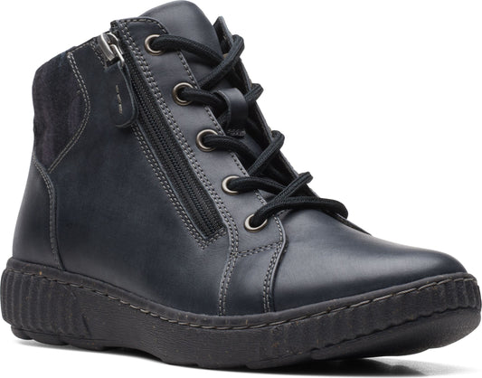 A black leather ankle boot with laces and a side zipper.