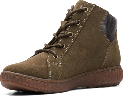 Olive suede lace-up ankle boot with textured brown sole and grey plaid back.