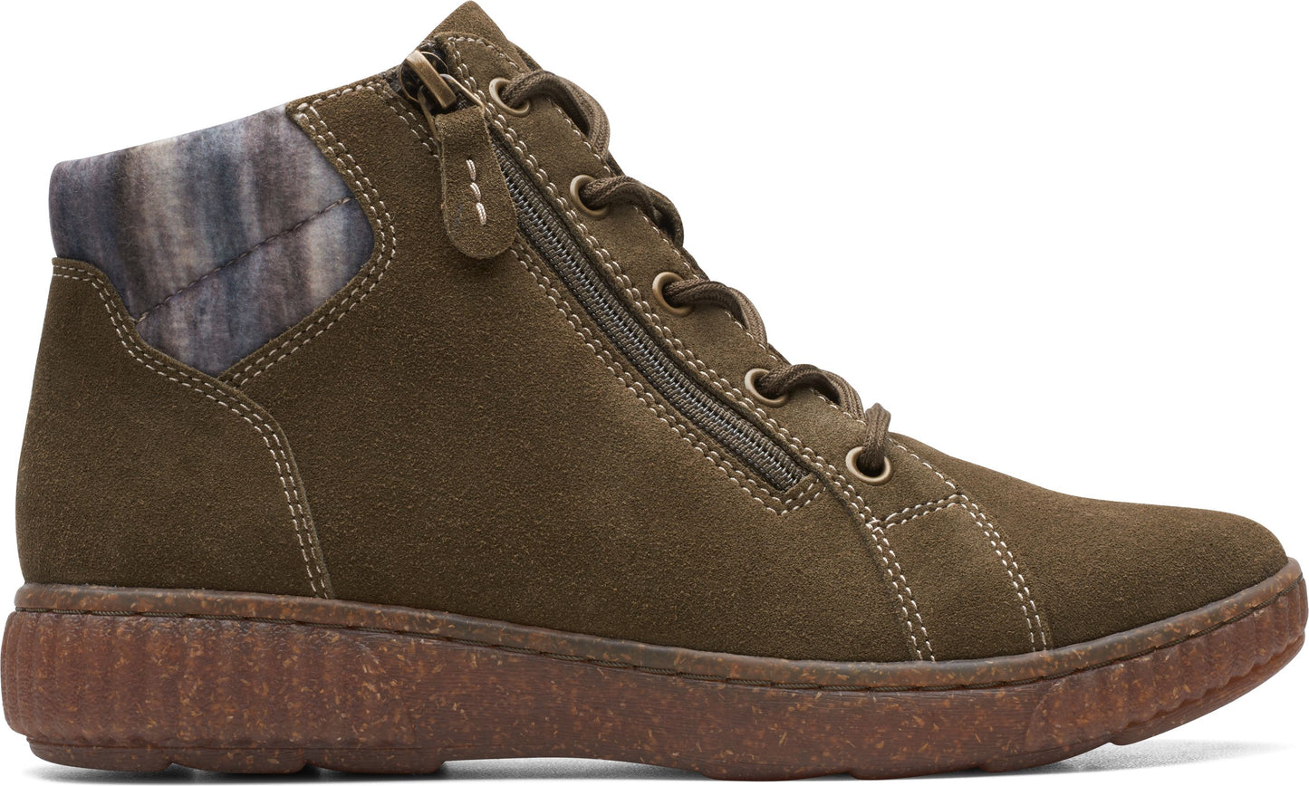 Olive-green suede ankle boot with side zipper and patterned fabric around the ankle.