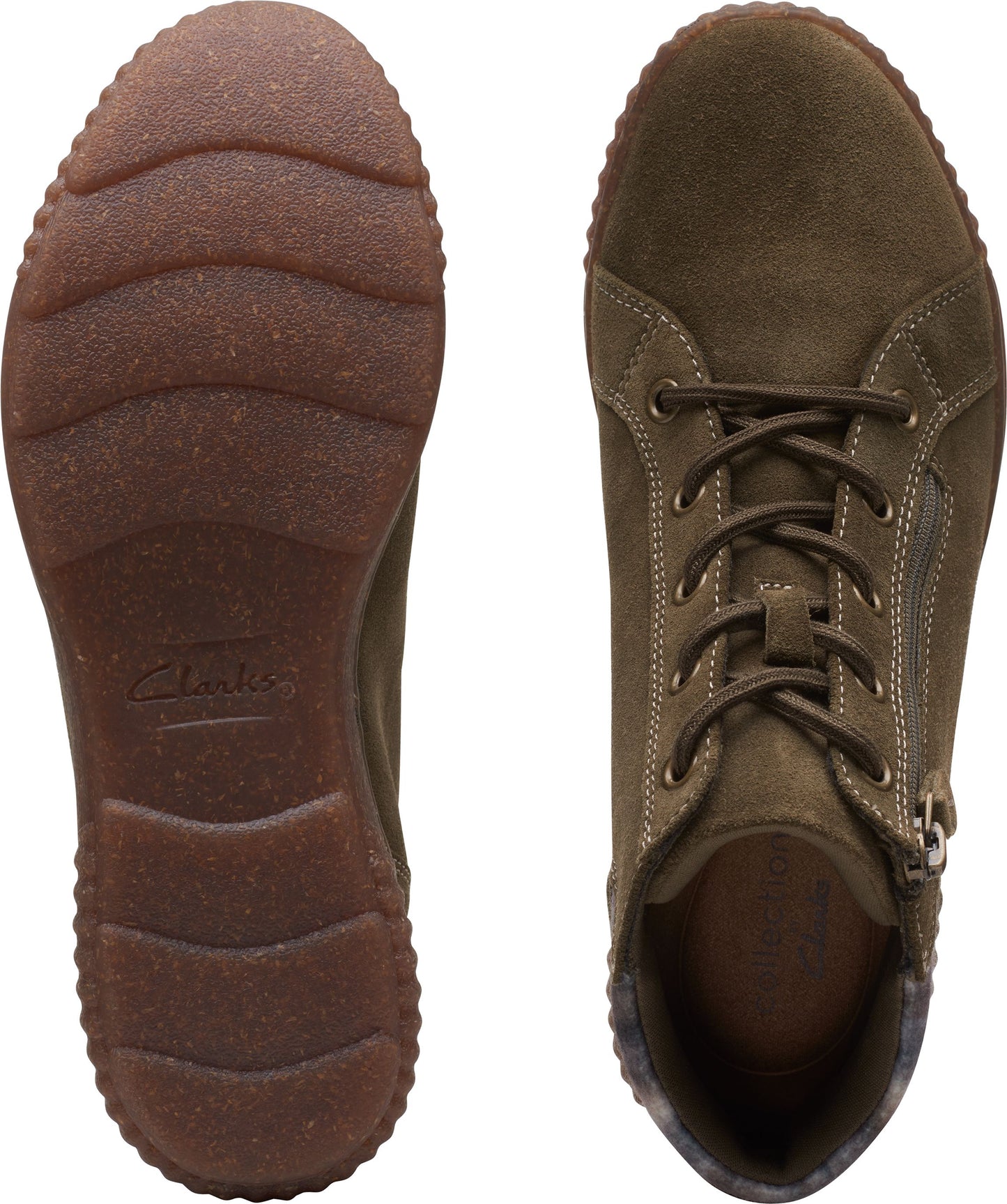 Pair of olive green suede leather shoes. Top view shows a shoe with shoelaces and a side zipper. Bottom view shows a rubber sole.