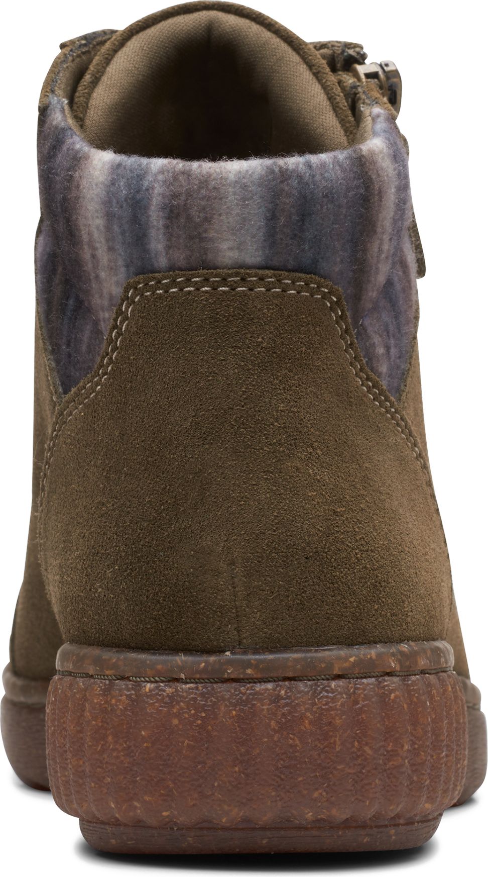 Rear view of olive ankle boot with side zipper and marbled fabric collar.