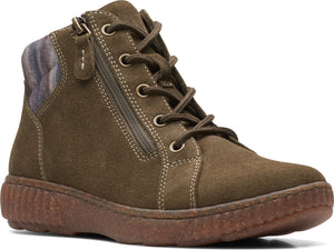 Olive green suede ankle boot with laces, side zipper, and brown sole.