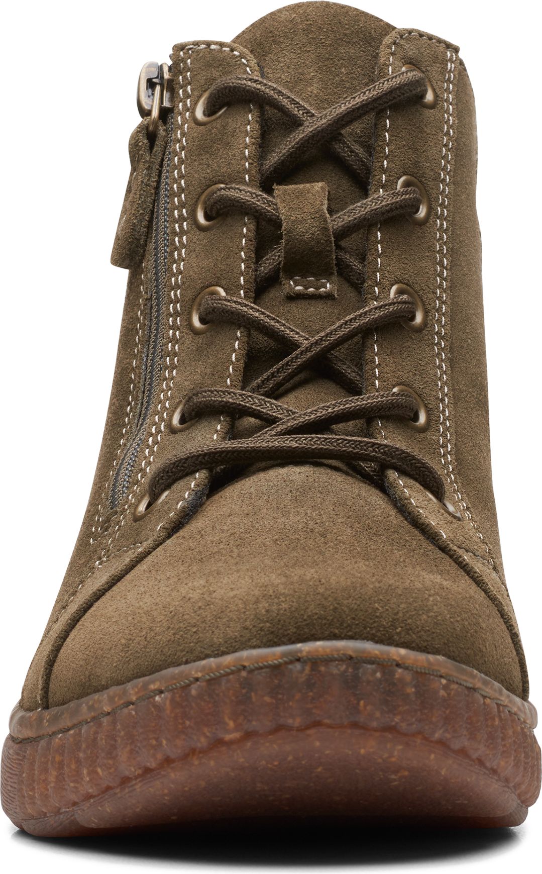 Khaki suede high-top shoe with laces and zipper.