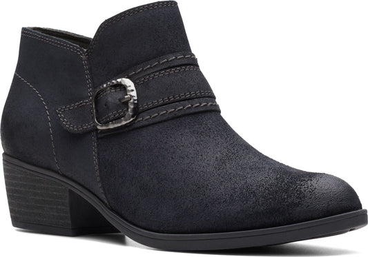 Low heel boot with faux-buckle strap.
