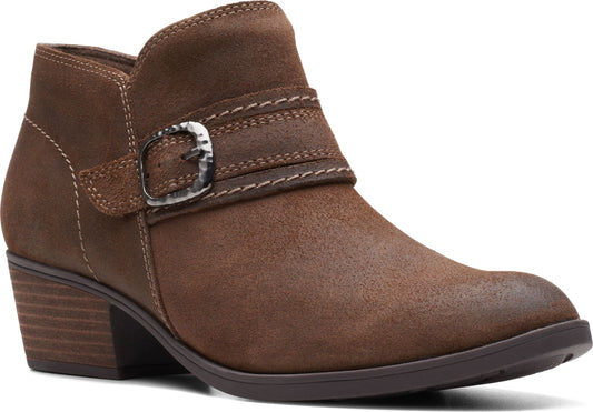 Brown suede ankle boot with buckle detail and short heel.