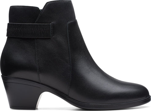 A black leather ankle boot with a small block heel and side strap.