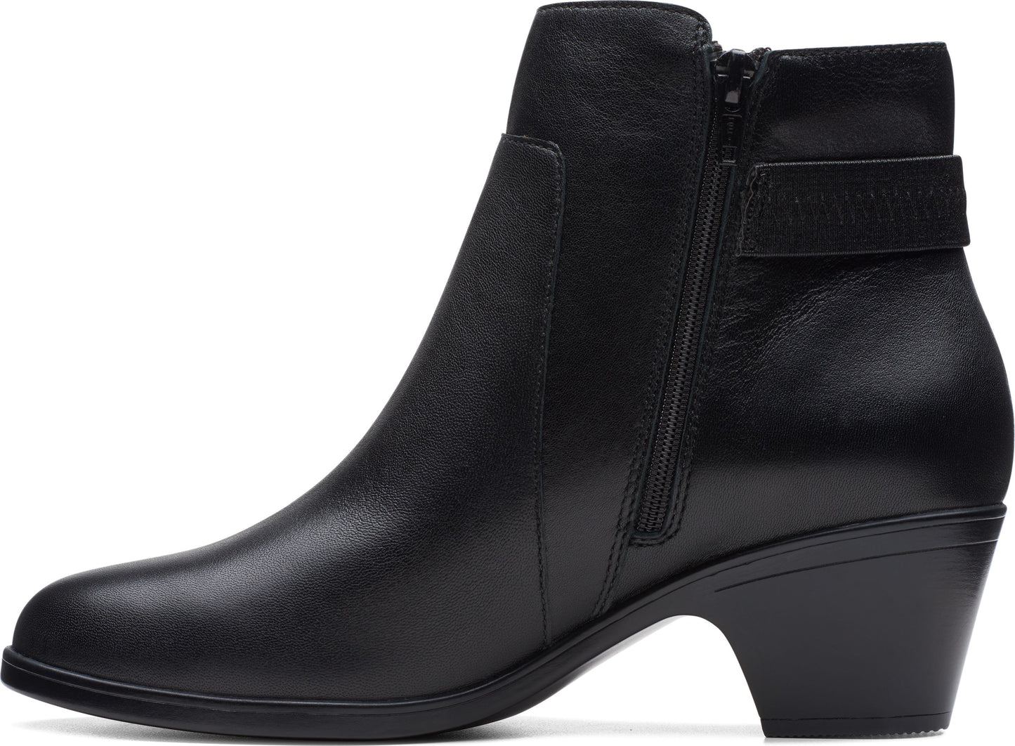 A black, mid-heel ankle boot with a side zipper and strap detail.