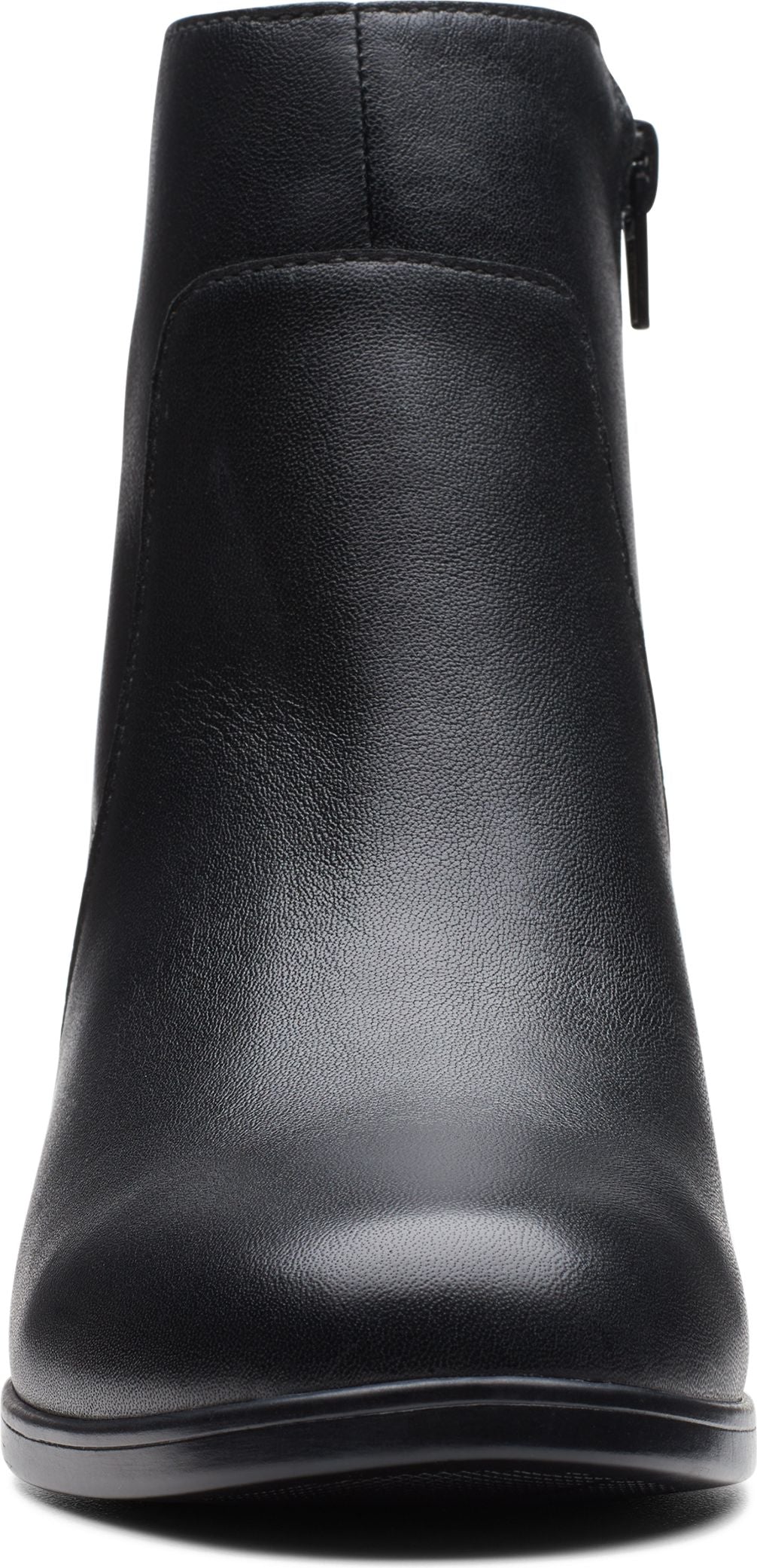 A black ankle boot with a zipper.