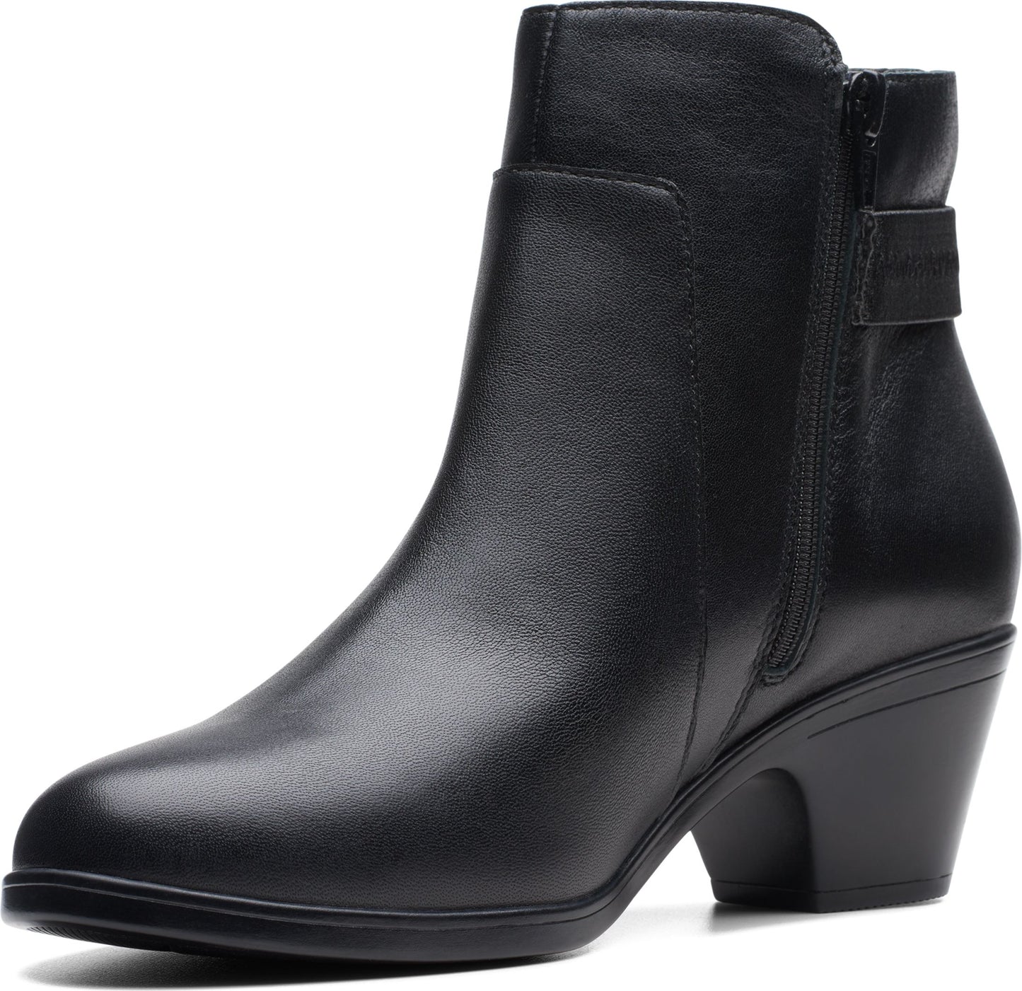 Black leather heeled ankle boot with side zipper and decorative strap.