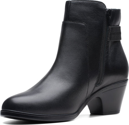 Black leather heeled ankle boot with side zipper and decorative strap.