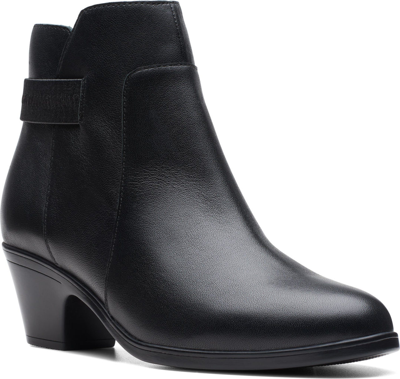 A black leather ankle boot with a low block heel and a decorative strap around the ankle.