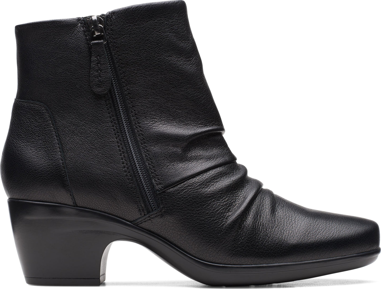 Black leather ankle boot with a side zipper and a short, block heel.