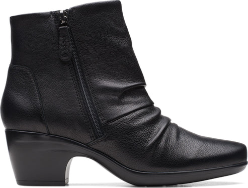 Black leather ankle boot with a side zipper and a short, block heel.