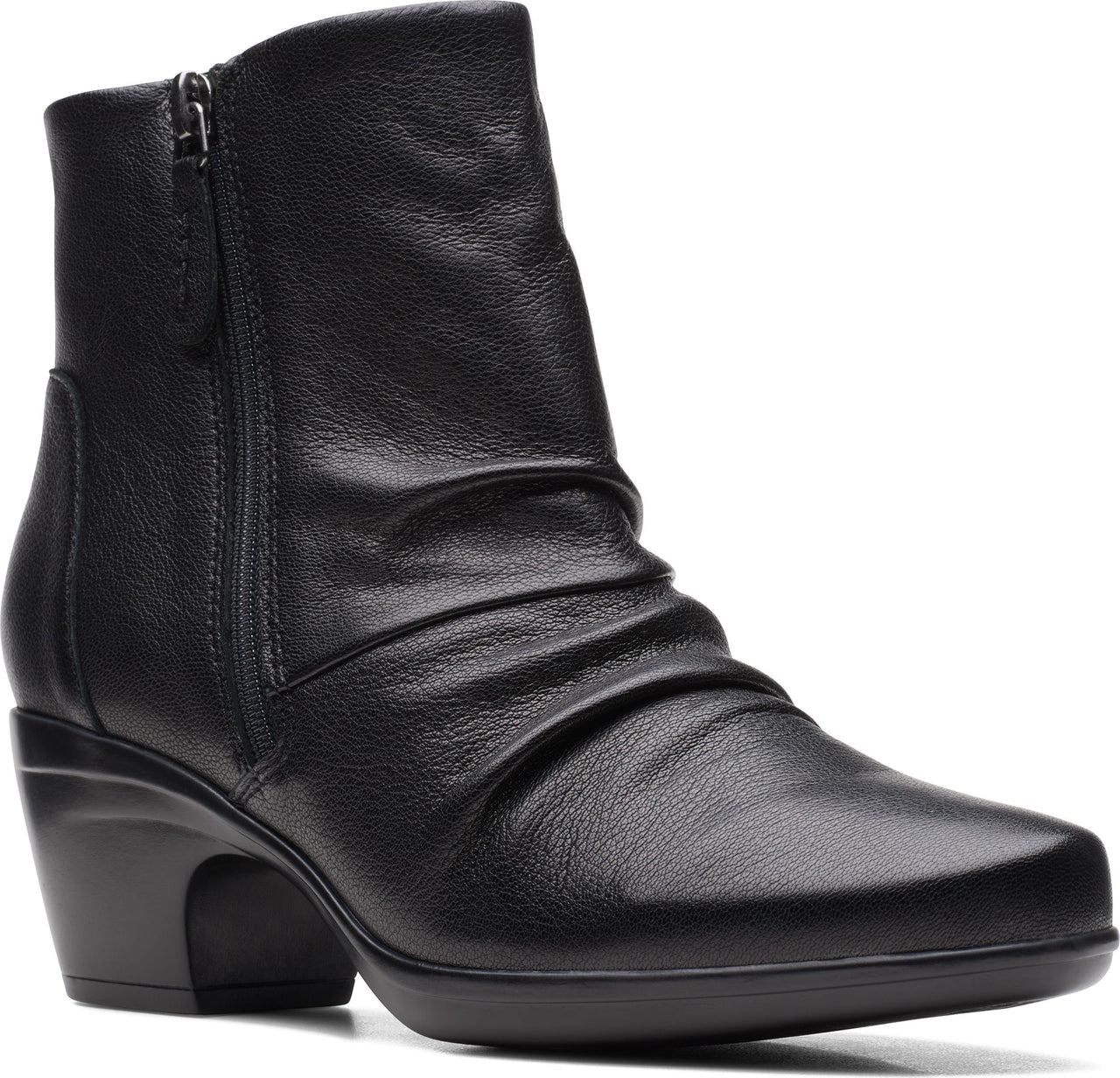 Black leather ankle boot with side zipper and short stacked heel.