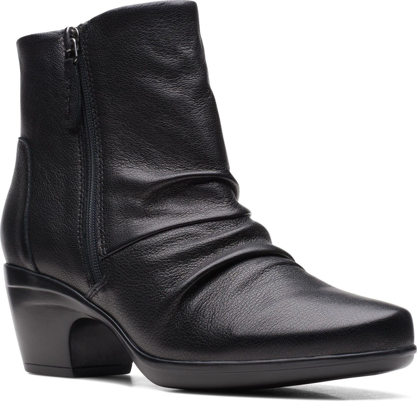 Black leather ankle boot with side zipper and short stacked heel.