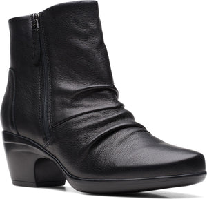 Black leather ankle boot with side zipper and short stacked heel.
