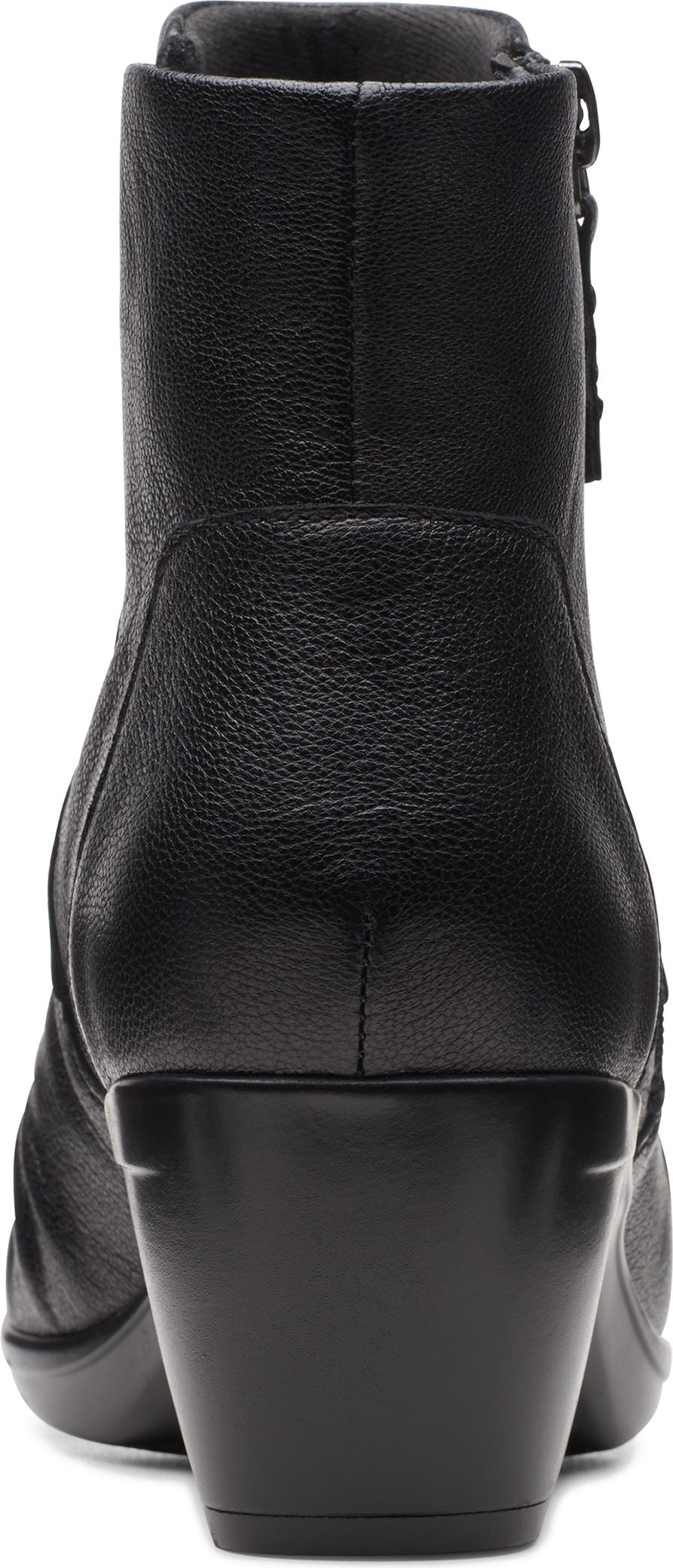 Back view of a black leather ankle boot with a block heel and side zipper.