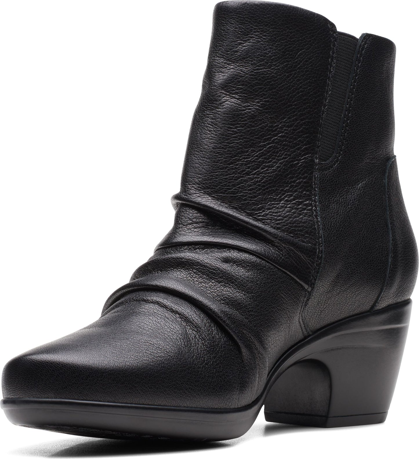 Black leather ankle boot with a rounded toe and a block heel.