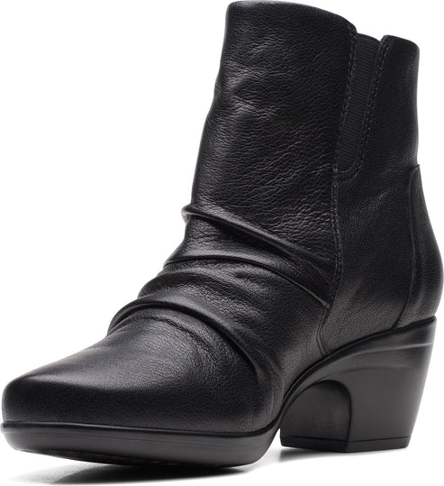 Black leather ankle boot with a rounded toe and a block heel.
