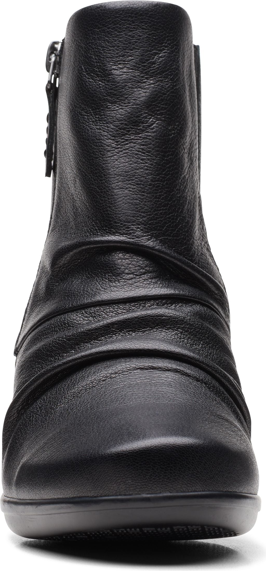 Black leather ankle boot with ruched detailing.
