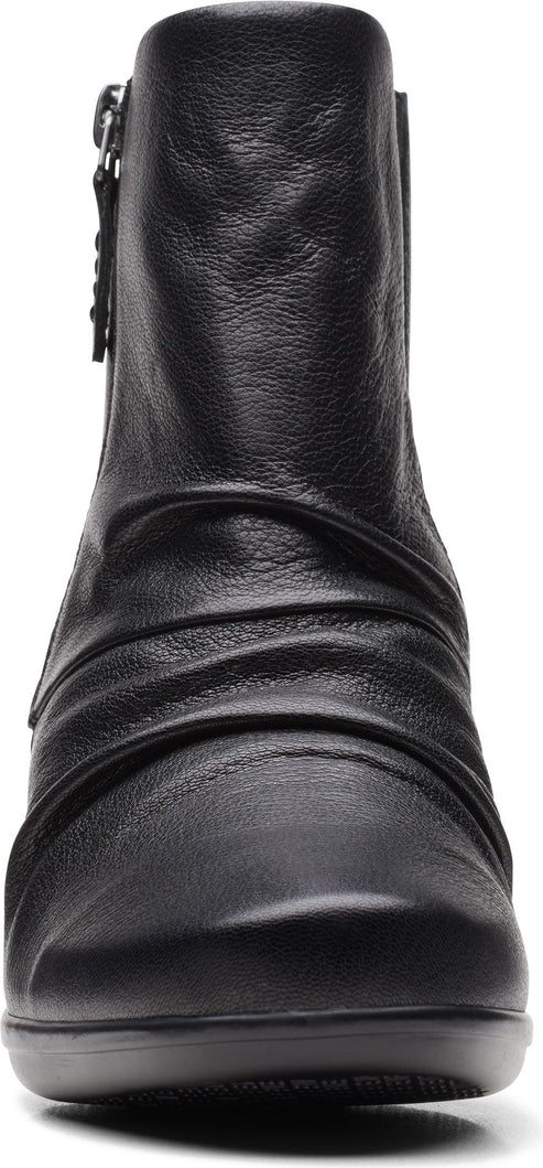 Black leather ankle boot with ruched detailing.