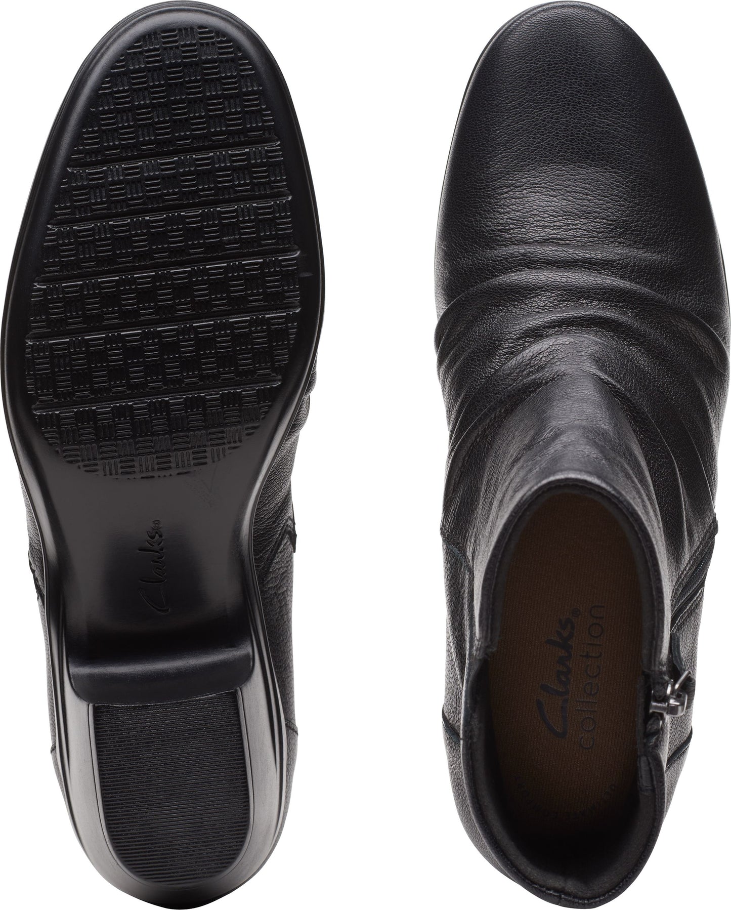 Two black leather heeled boots, one showing the sole and the other showing the top and interior.