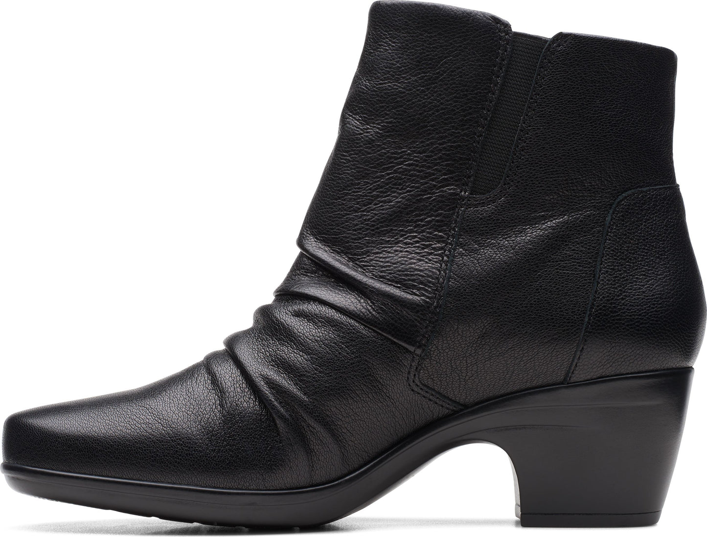 A black leather ankle boot with a short stacked heel, almond toe and gathered details.