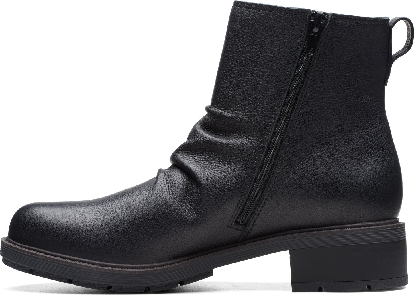 Black leather ankle boot with side zipper and block heel.