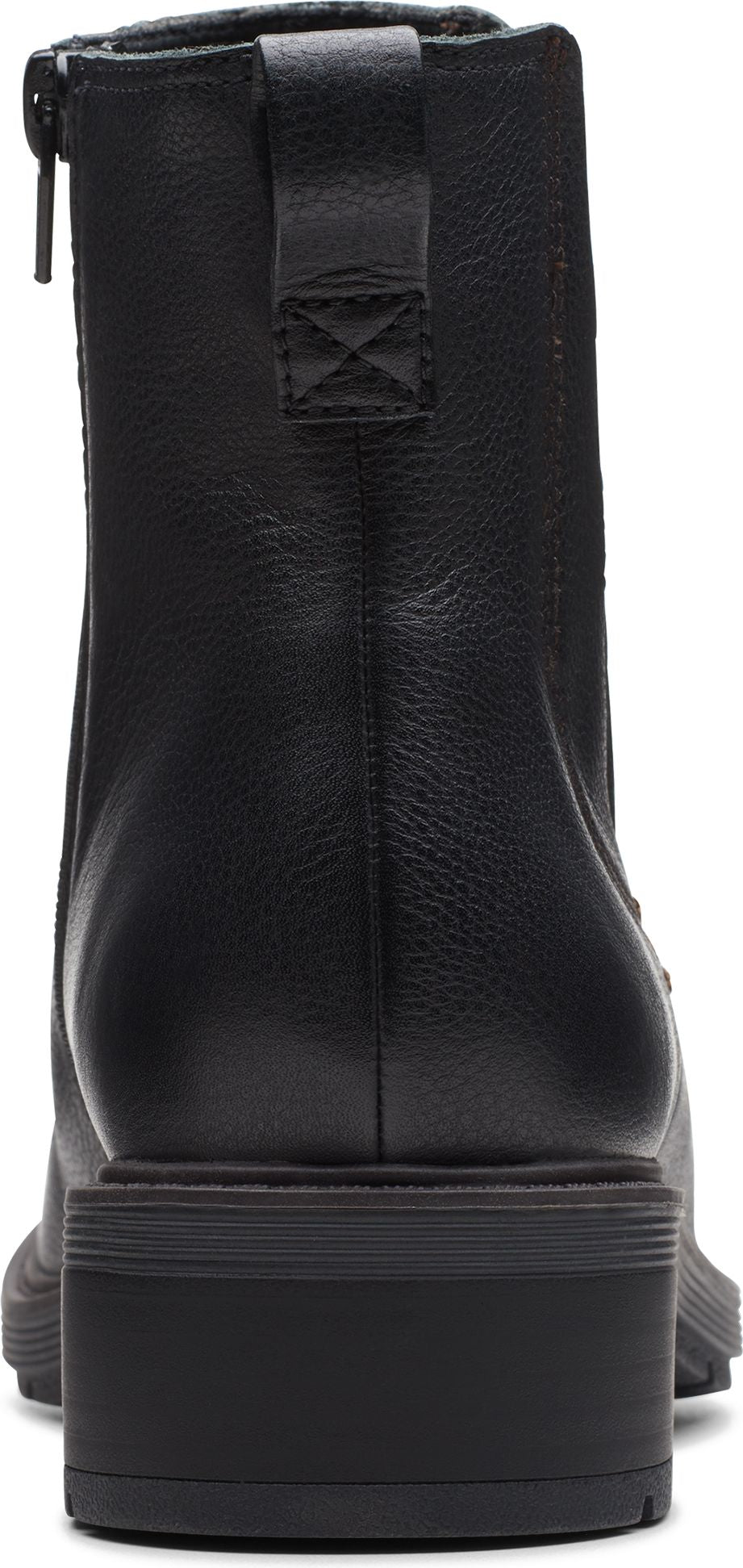 Back view of a black leather ankle boot with a chunky heel and a zipper on the side.