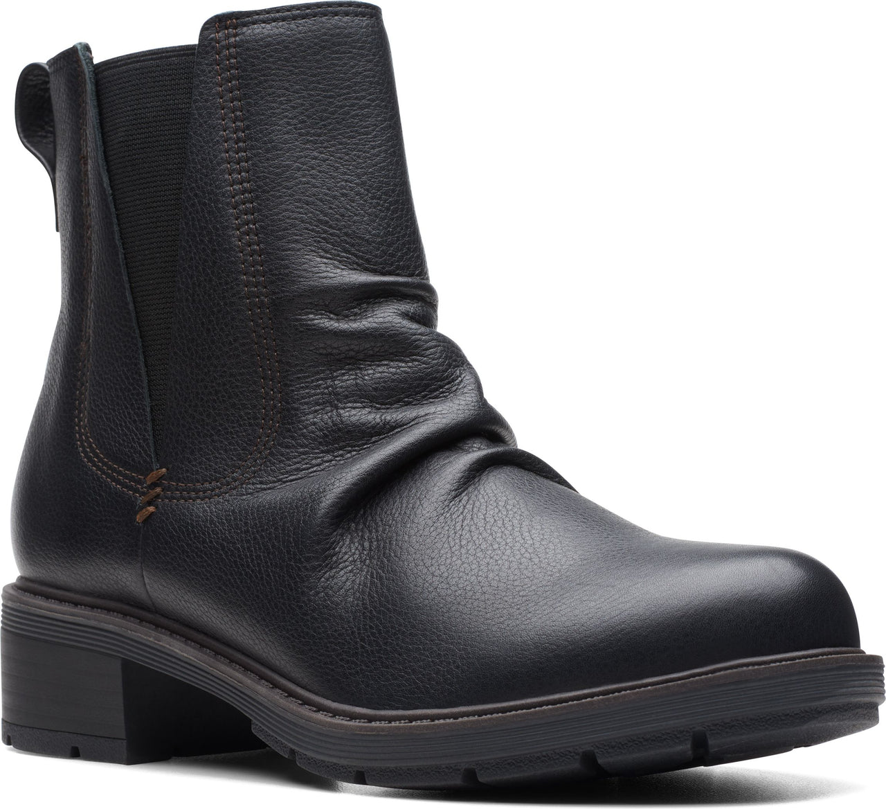 A black leather ankle boot with elastic goring and a stacked heel.