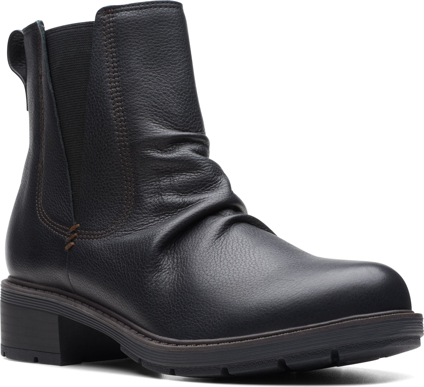 A black leather ankle boot with elastic goring and a stacked heel.