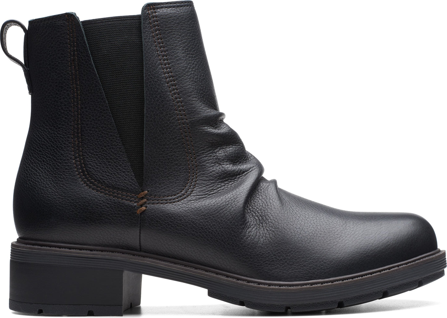 Black leather ankle boot with elastic side panel, heel and pull tab.