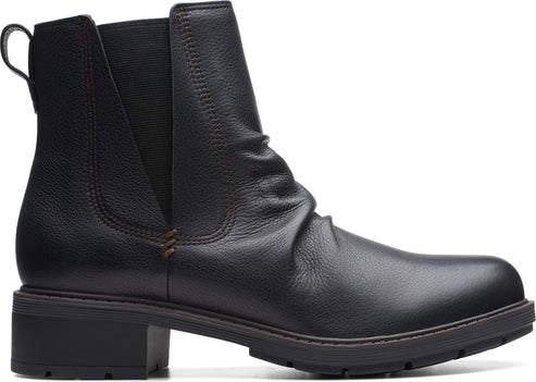 Black leather ankle boot with elastic side panel, heel and pull tab.
