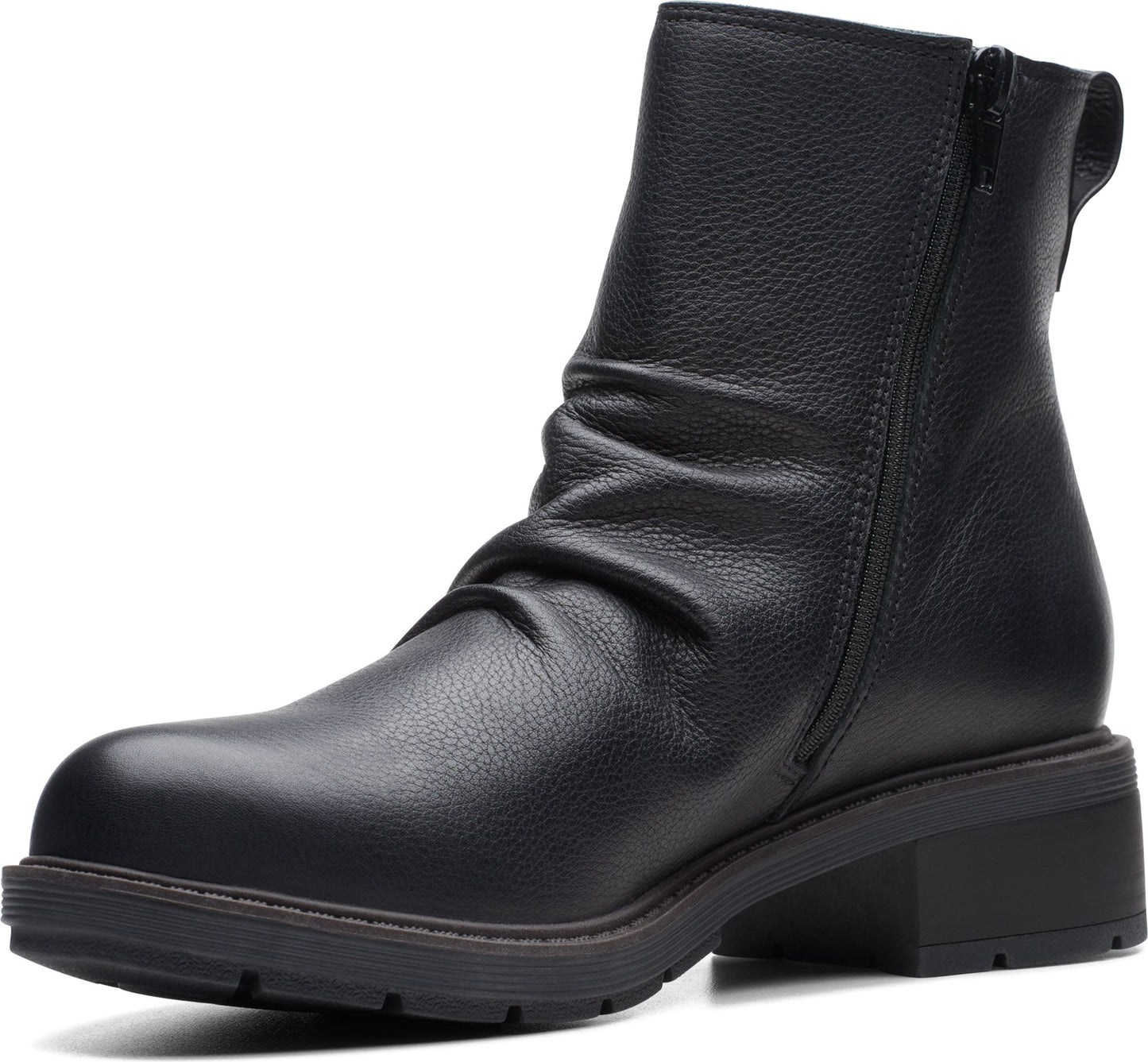 Black leather ankle boot with side zipper and low block heel.