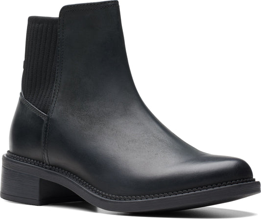 Black leather ankle boot with a low block heel and ribbed elastic detail.