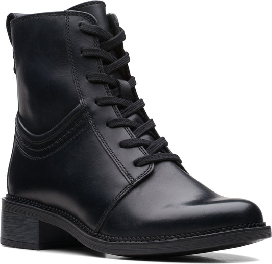 Black leather lace-up boot with a low heel.