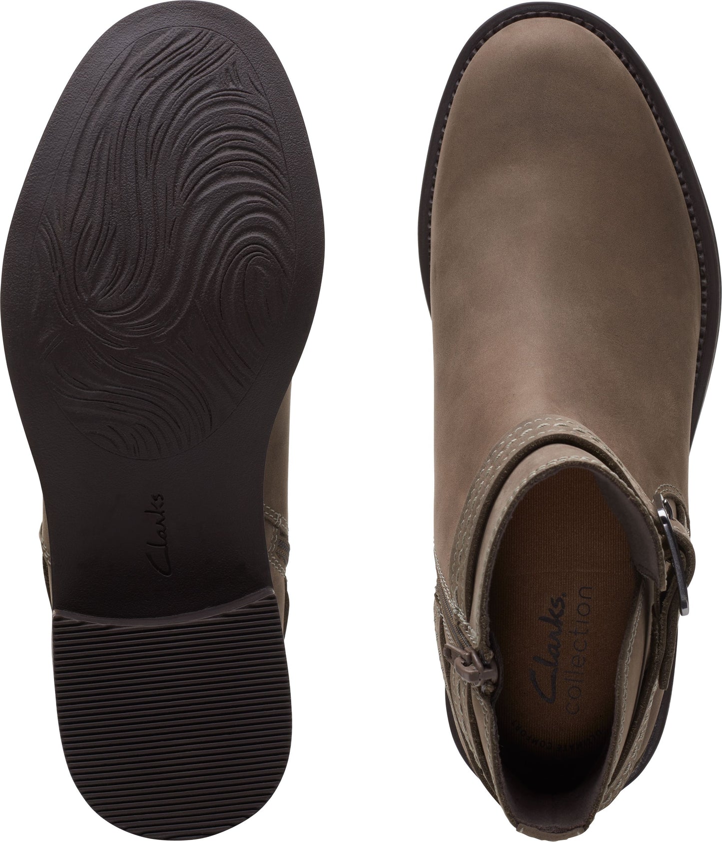 Top-down view of a pair of ankle boots with brown nubuck leather, side buckle, and patterned sole.