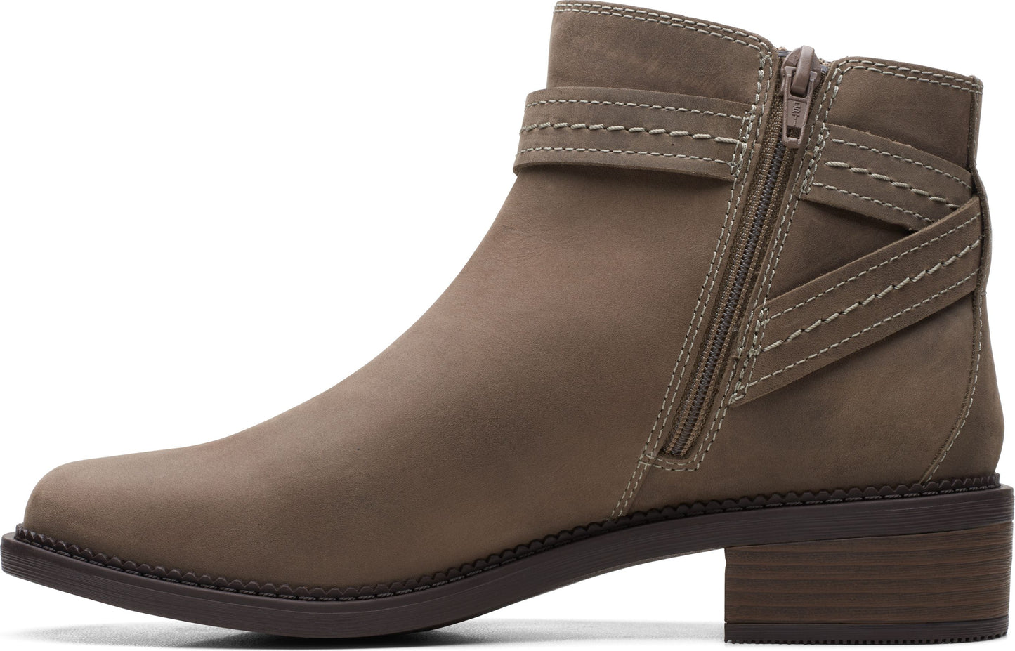 Taupe ankle boot with side zip and decorative straps on a low heel.