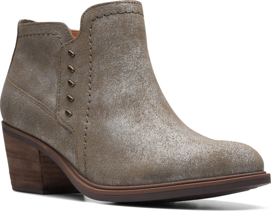 Ankle boot in distressed metallic gray suede with block heel and stud detailing along the side.