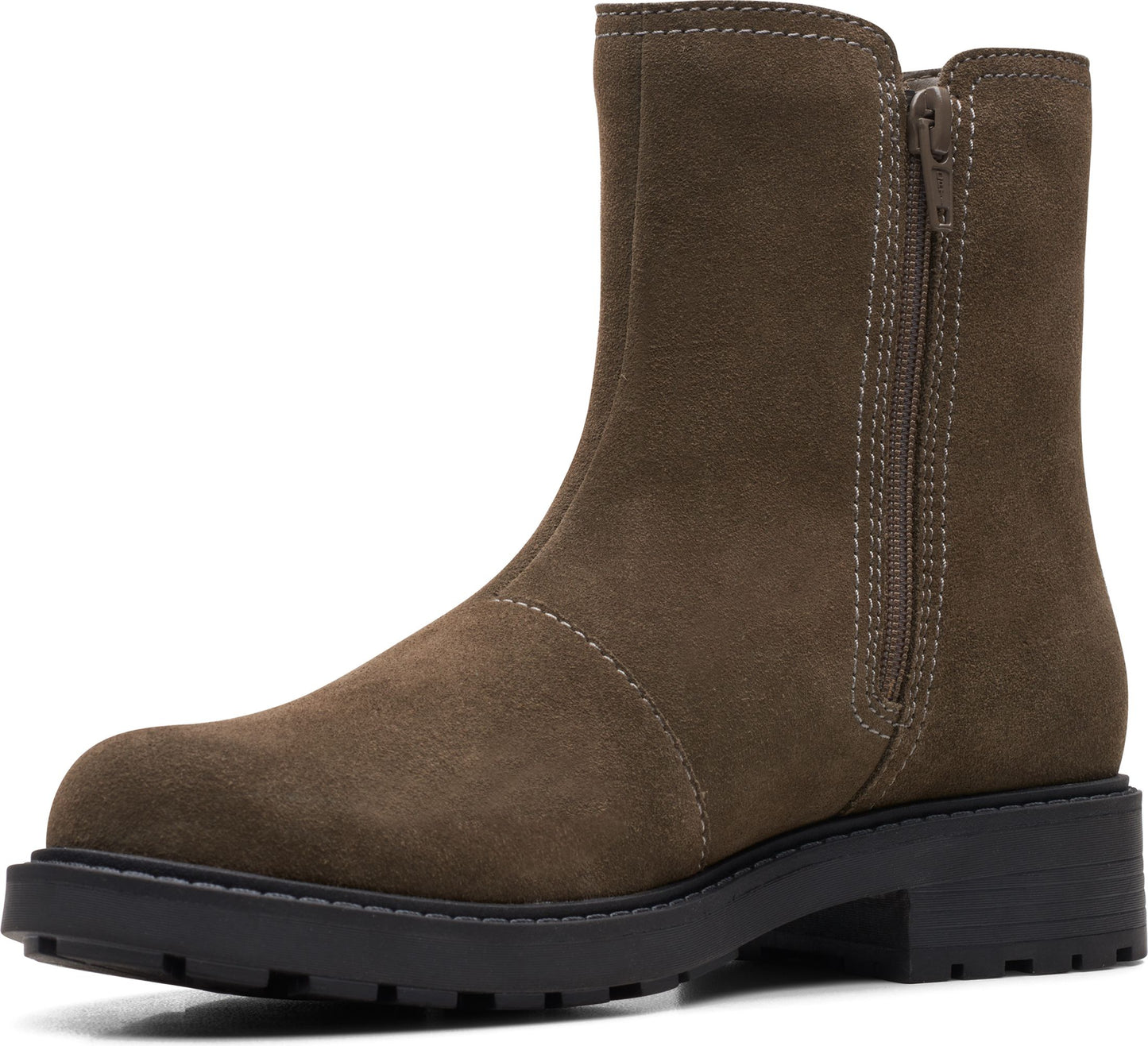 Olive suede ankle boot with side zipper and low block heel.